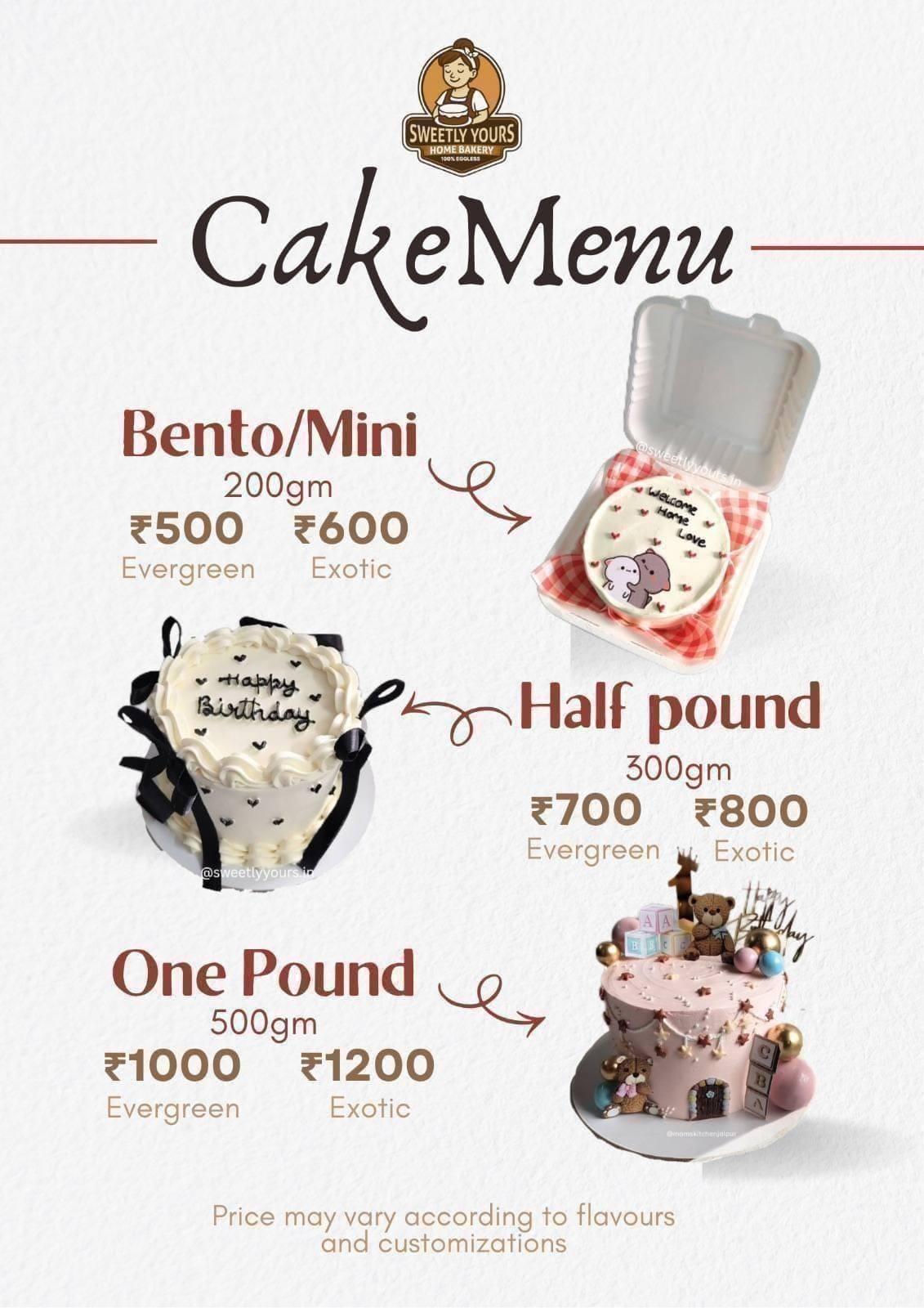 Sweetly Yours cake price poster